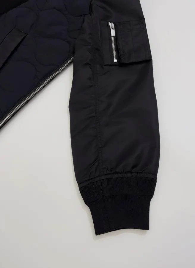 Industrial Patchwork Quilted Double-Sided Zipper Stand-Collar Jacket, Outerwear in Black, product view 07