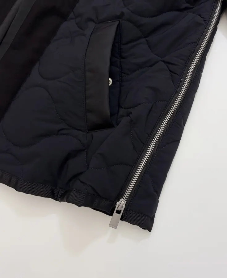Industrial Patchwork Quilted Double-Sided Zipper Stand-Collar Jacket, Outerwear in Black, product view 09