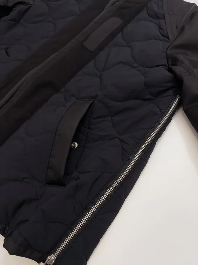 Industrial Patchwork Quilted Double-Sided Zipper Stand-Collar Jacket, Outerwear in Black, product view 10