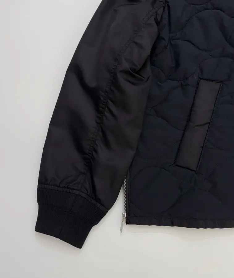 Industrial Patchwork Quilted Double-Sided Zipper Stand-Collar Jacket, Outerwear in Black, product view 12