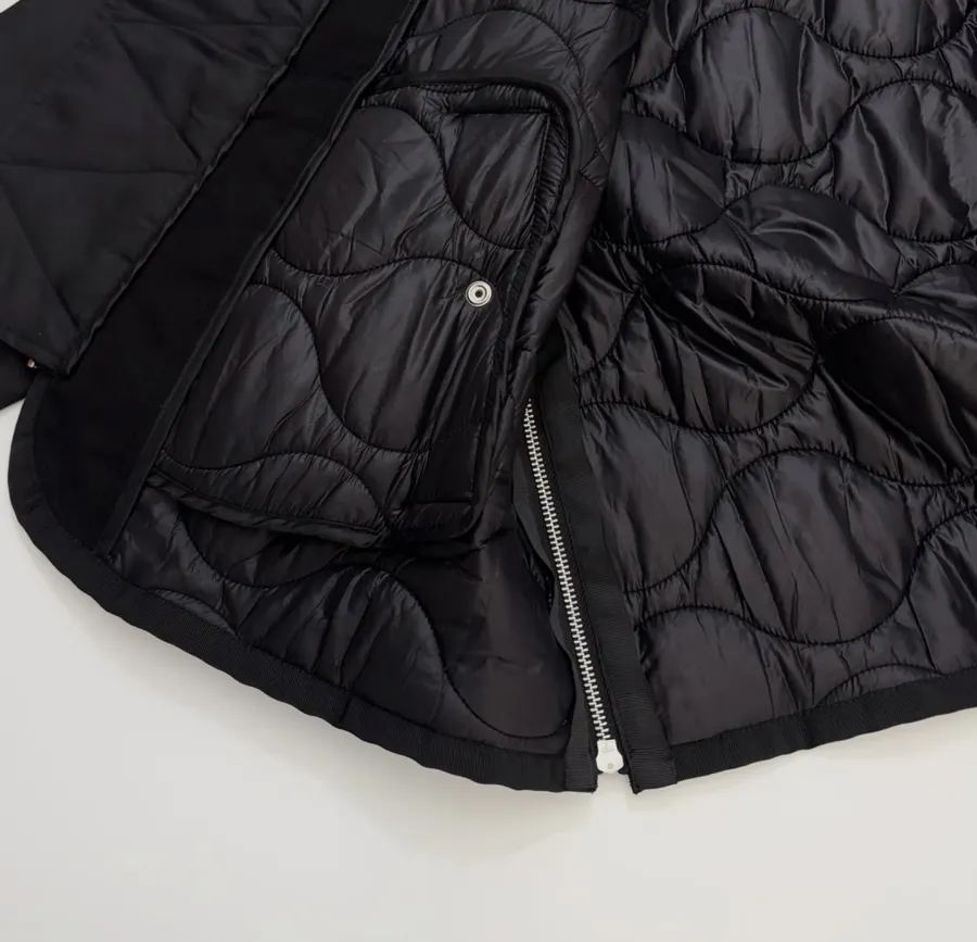 Industrial Patchwork Quilted Double-Sided Zipper Stand-Collar Jacket, Outerwear in Black, product view 16
