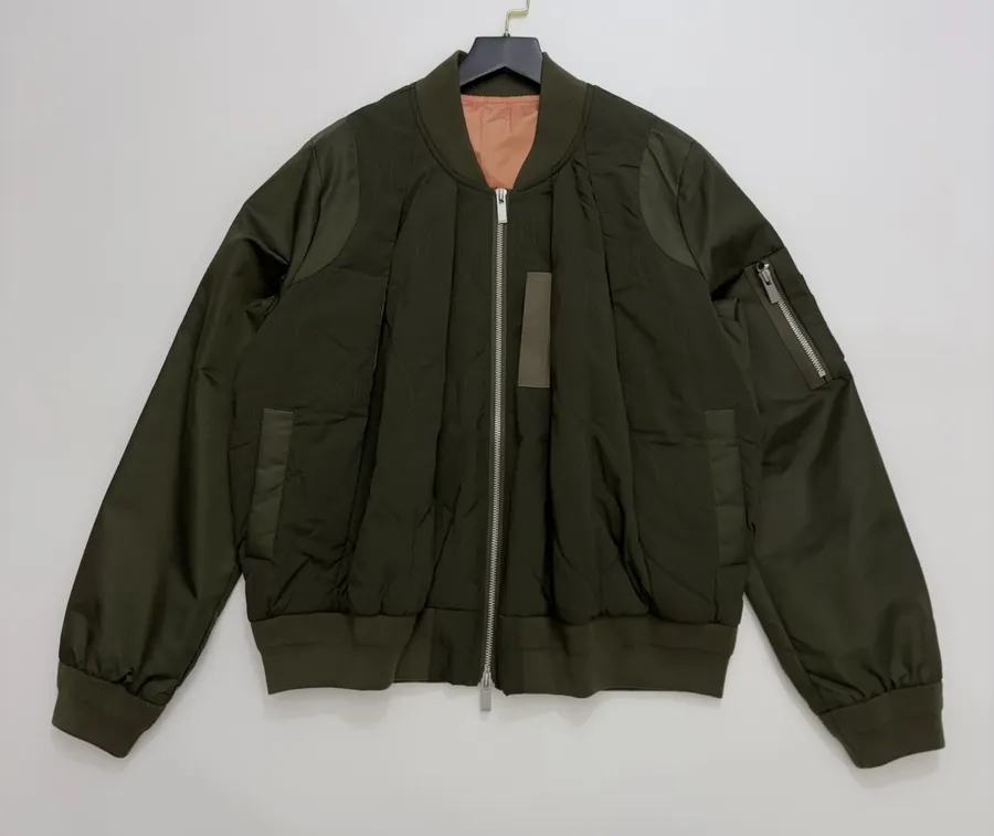 Patchwork Quilted Zipper Pleated Stand-Collar Jacket, Outerwear in Olive Green, product view 01