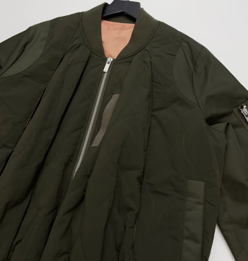 Patchwork Quilted Zipper Pleated Stand-Collar Jacket, Outerwear in Olive Green, product view 02