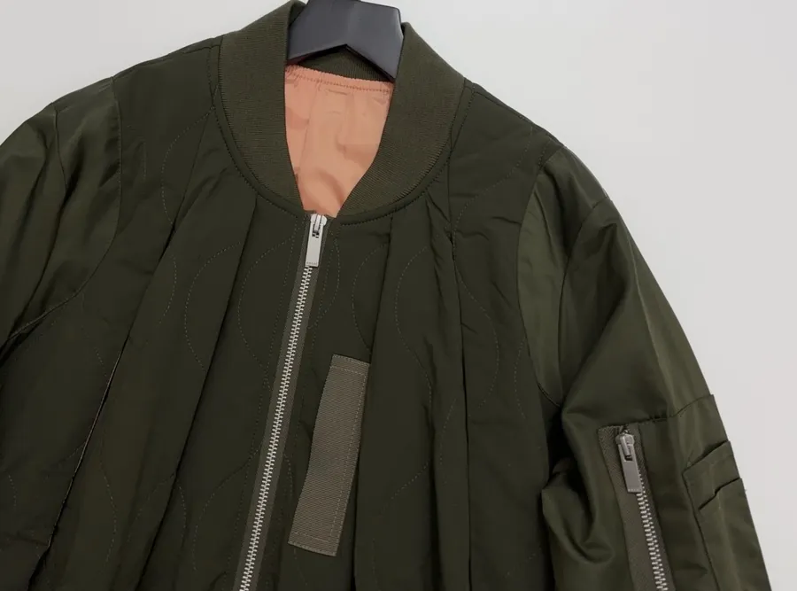 Patchwork Quilted Zipper Pleated Stand-Collar Jacket, Outerwear in Olive Green, product view 03