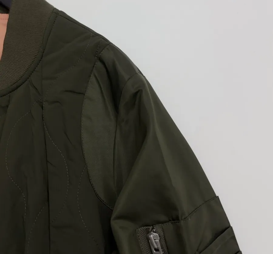 Patchwork Quilted Zipper Pleated Stand-Collar Jacket, Outerwear in Olive Green, product view 04