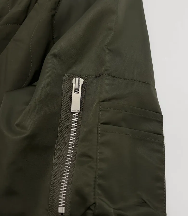 Patchwork Quilted Zipper Pleated Stand-Collar Jacket, Outerwear in Olive Green, product view 05