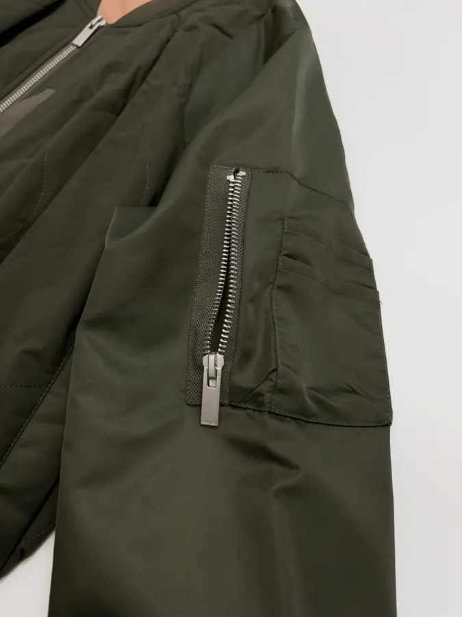 Patchwork Quilted Zipper Pleated Stand-Collar Jacket, Outerwear in Olive Green, product view 06