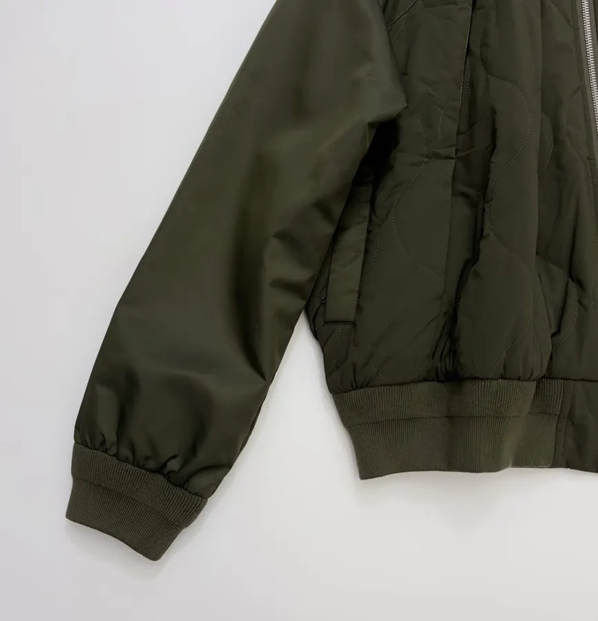 Patchwork Quilted Zipper Pleated Stand-Collar Jacket, Outerwear in Olive Green, product view 09