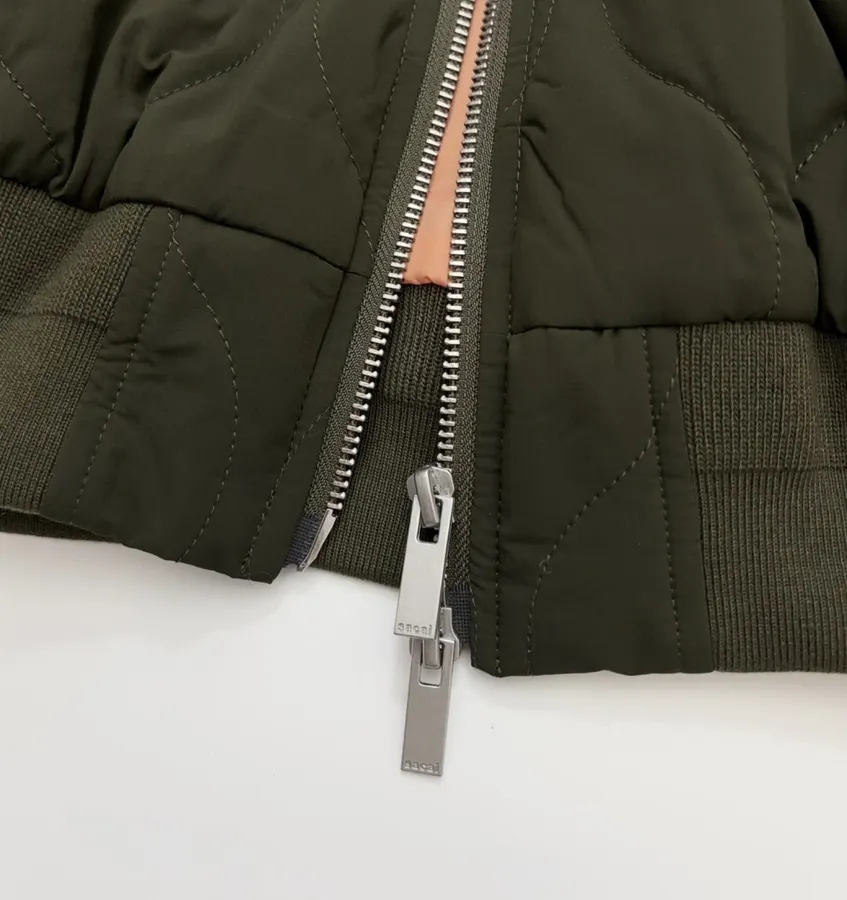 Patchwork Quilted Zipper Pleated Stand-Collar Jacket, Outerwear in Olive Green, product view 13
