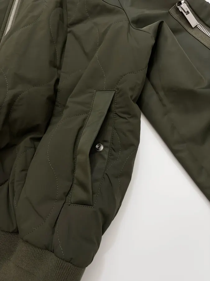 Patchwork Quilted Zipper Pleated Stand-Collar Jacket, Outerwear in Olive Green, product view 16