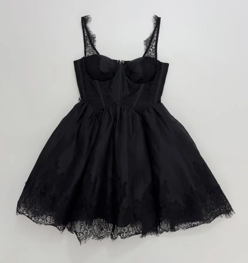 Lace-Panel Strapless Waist-Cinching Lace-Up Mini Skirt, Puffy Dress with Fairy-Like Elegance in Black, product view 01