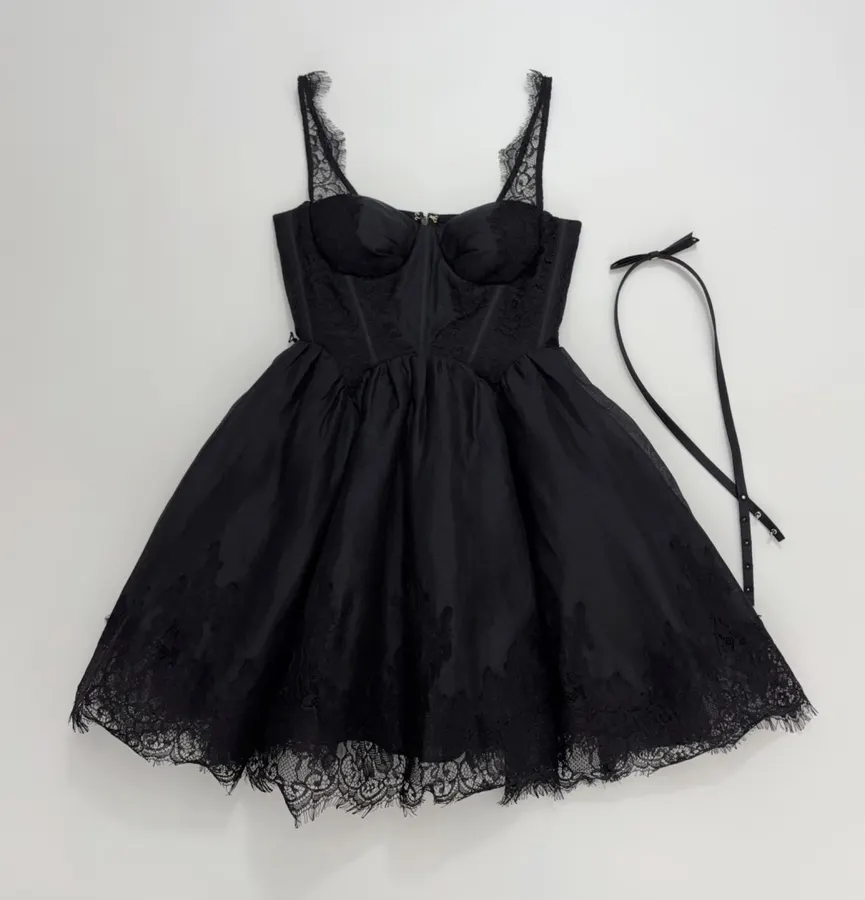 Lace-Panel Strapless Waist-Cinching Lace-Up Mini Skirt, Puffy Dress with Fairy-Like Elegance in Black, product view 02