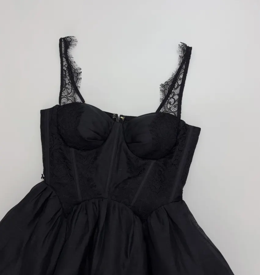 Lace-Panel Strapless Waist-Cinching Lace-Up Mini Skirt, Puffy Dress with Fairy-Like Elegance in Black, product view 03