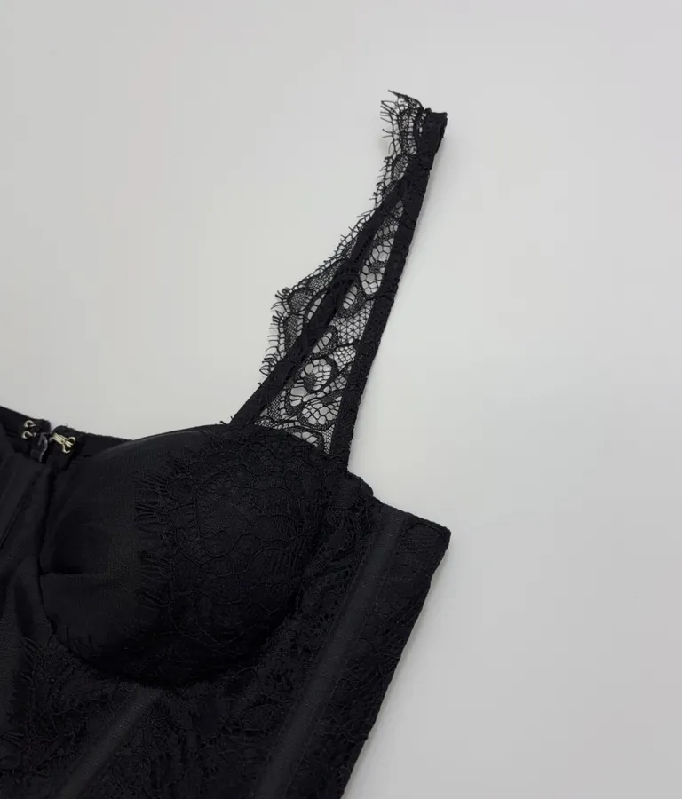 Lace-Panel Strapless Waist-Cinching Lace-Up Mini Skirt, Puffy Dress with Fairy-Like Elegance in Black, product view 04