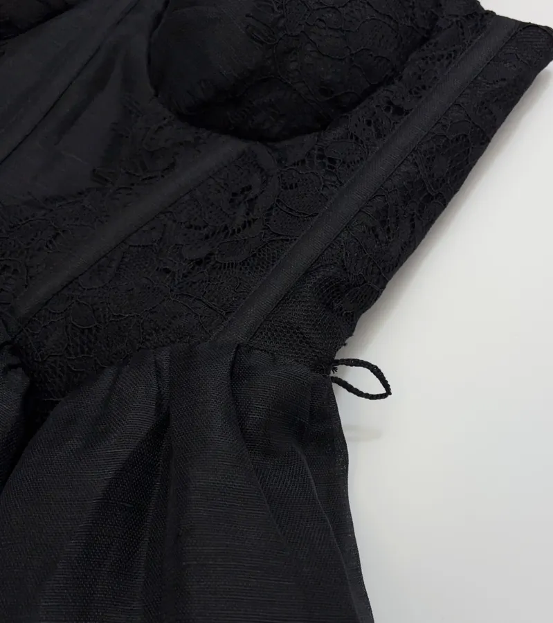 Lace-Panel Strapless Waist-Cinching Lace-Up Mini Skirt, Puffy Dress with Fairy-Like Elegance in Black, product view 05