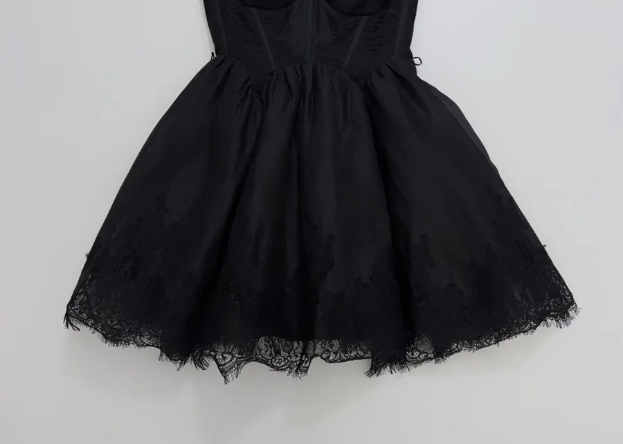 Lace-Panel Strapless Waist-Cinching Lace-Up Mini Skirt, Puffy Dress with Fairy-Like Elegance in Black, product view 06