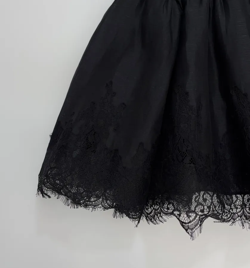 Lace-Panel Strapless Waist-Cinching Lace-Up Mini Skirt, Puffy Dress with Fairy-Like Elegance in Black, product view 07