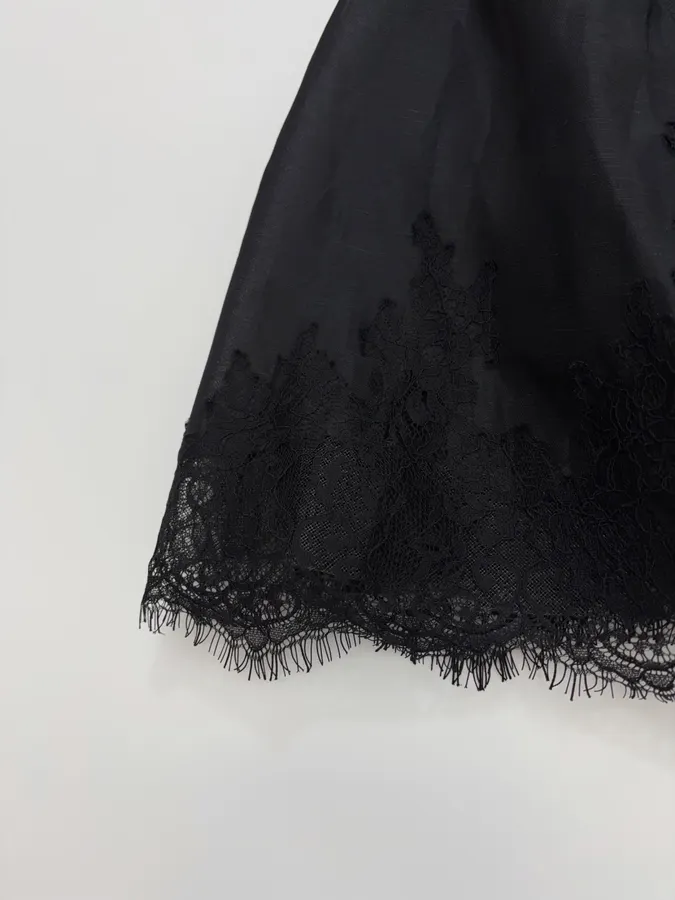 Lace-Panel Strapless Waist-Cinching Lace-Up Mini Skirt, Puffy Dress with Fairy-Like Elegance in Black, product view 09