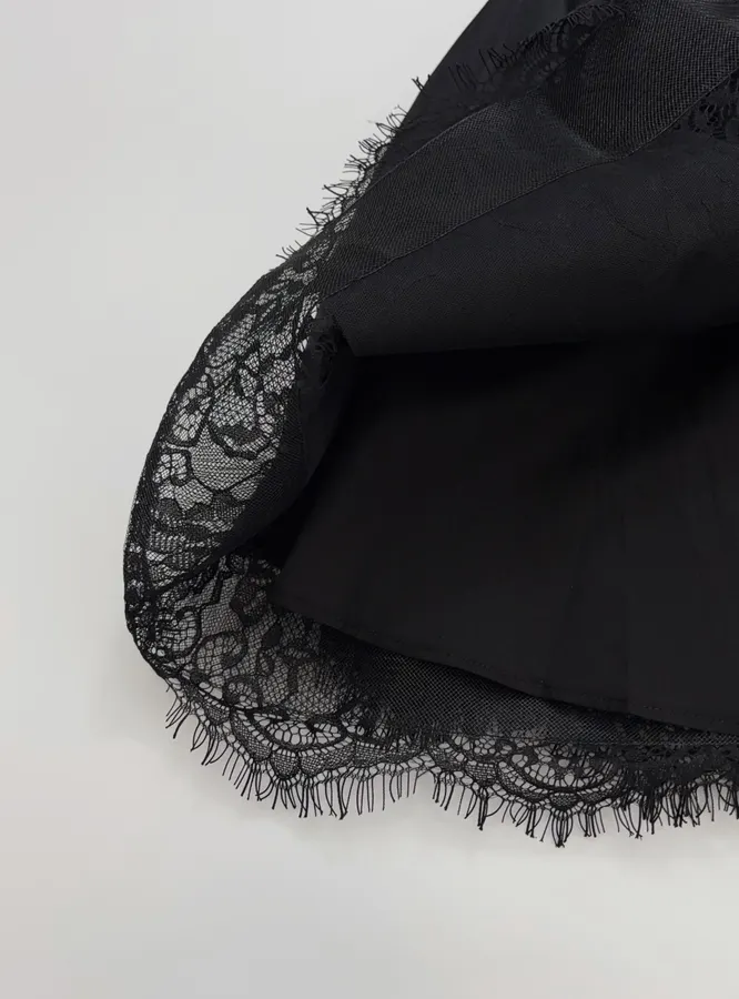 Lace-Panel Strapless Waist-Cinching Lace-Up Mini Skirt, Puffy Dress with Fairy-Like Elegance in Black, product view 10