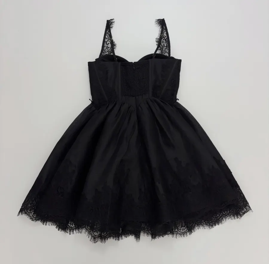 Lace-Panel Strapless Waist-Cinching Lace-Up Mini Skirt, Puffy Dress with Fairy-Like Elegance in Black, product view 11
