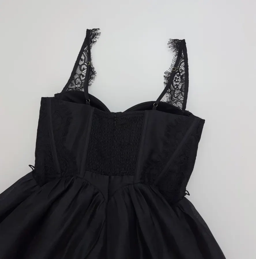 Lace-Panel Strapless Waist-Cinching Lace-Up Mini Skirt, Puffy Dress with Fairy-Like Elegance in Black, product view 12