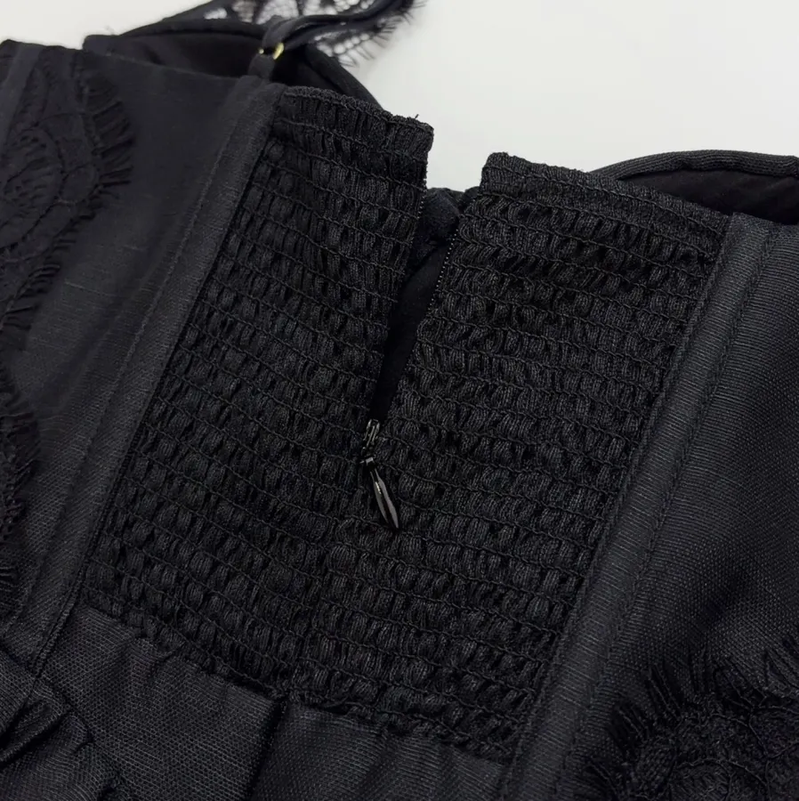 Lace-Panel Strapless Waist-Cinching Lace-Up Mini Skirt, Puffy Dress with Fairy-Like Elegance in Black, product view 13