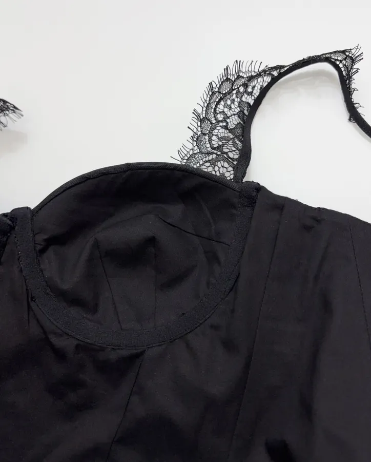 Lace-Panel Strapless Waist-Cinching Lace-Up Mini Skirt, Puffy Dress with Fairy-Like Elegance in Black, product view 14