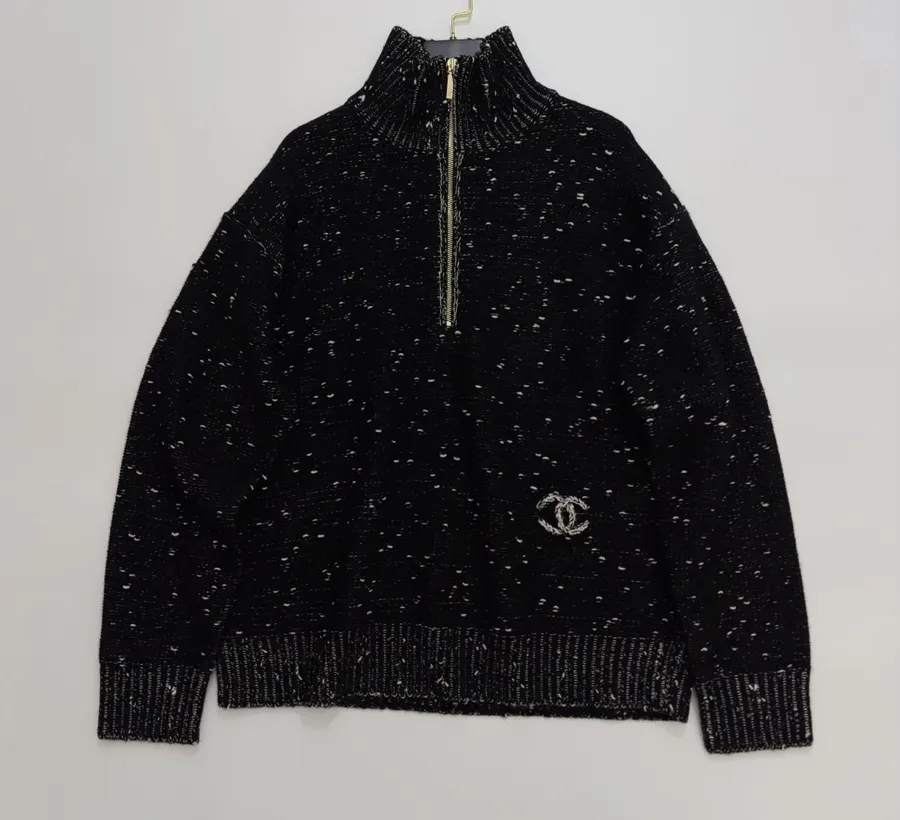Embellished Half-Zip Stand-Collar Knit Top in Black, product view 01