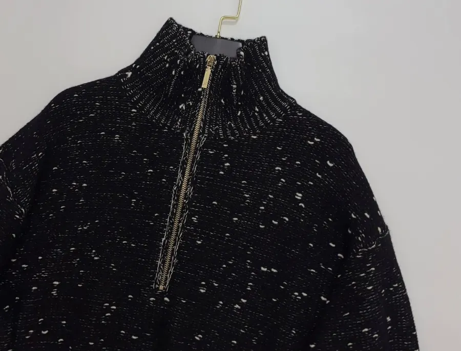 Embellished Half-Zip Stand-Collar Knit Top in Black, product view 02
