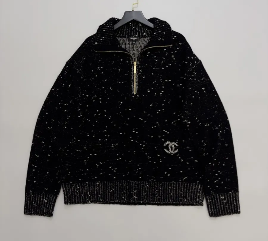 Embellished Half-Zip Stand-Collar Knit Top in Black, product view 13