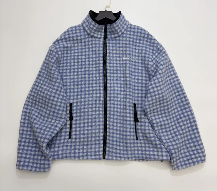 Plaid Loose-Fit Zip-Up Jacket in Blue and White, product view 01