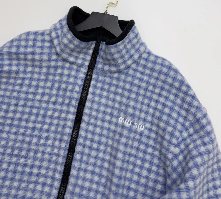 Plaid Loose-Fit Zip-Up Jacket in Blue and White, product view 02