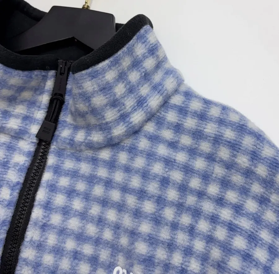 Plaid Loose-Fit Zip-Up Jacket in Blue and White, product view 03