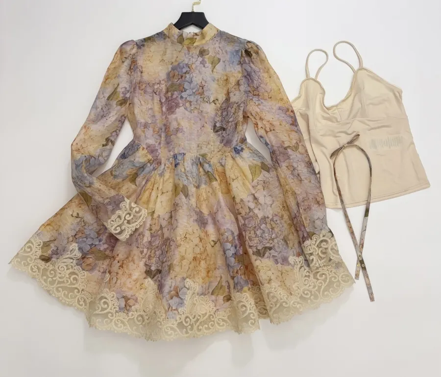 Cream Floral Lace-Trim Mini Dress in Apricot, product view 01