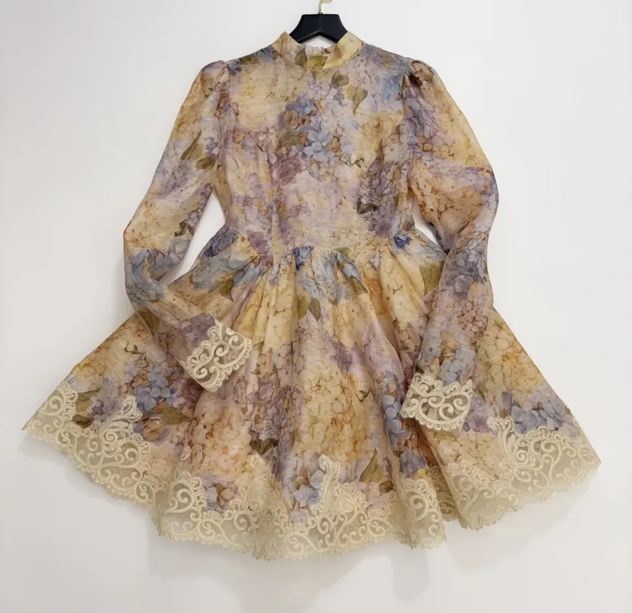 Cream Floral Lace-Trim Mini Dress in Apricot, product view 02