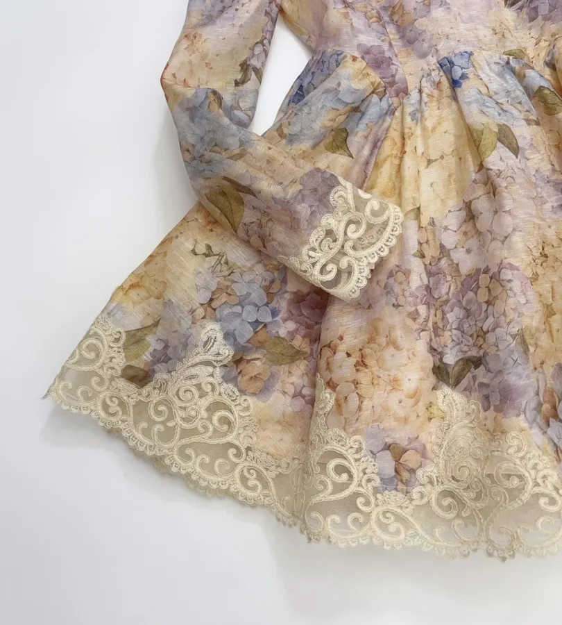 Cream Floral Lace-Trim Mini Dress in Apricot, product view 08