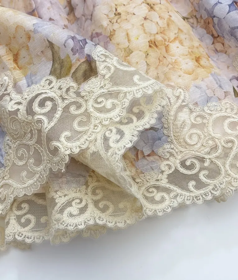Cream Floral Lace-Trim Mini Dress in Apricot, product view 10