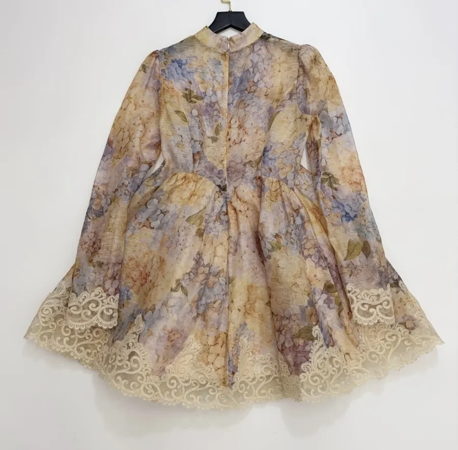 Cream Floral Lace-Trim Mini Dress in Apricot, product view 12