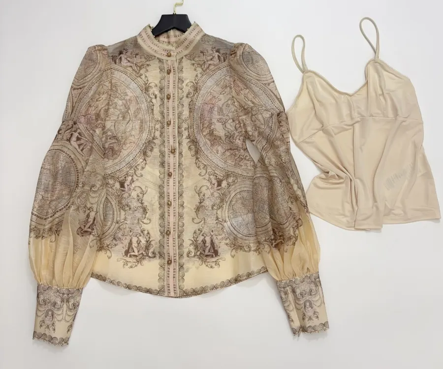 Printed Stand-Collar Lantern-Sleeve Shirt in Beige, product view 01