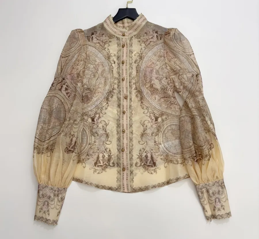 Printed Stand-Collar Lantern-Sleeve Shirt in Beige, product view 02