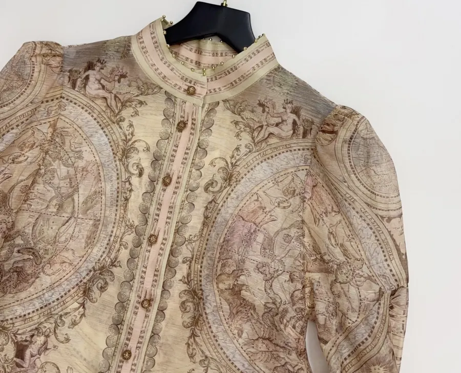 Printed Stand-Collar Lantern-Sleeve Shirt in Beige, product view 03