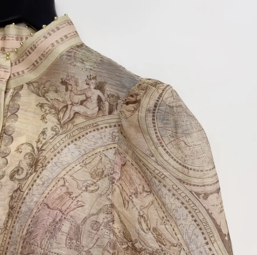 Printed Stand-Collar Lantern-Sleeve Shirt in Beige, product view 04