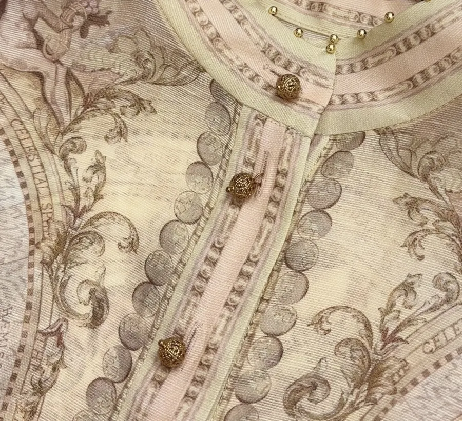 Printed Stand-Collar Lantern-Sleeve Shirt in Beige, product view 05