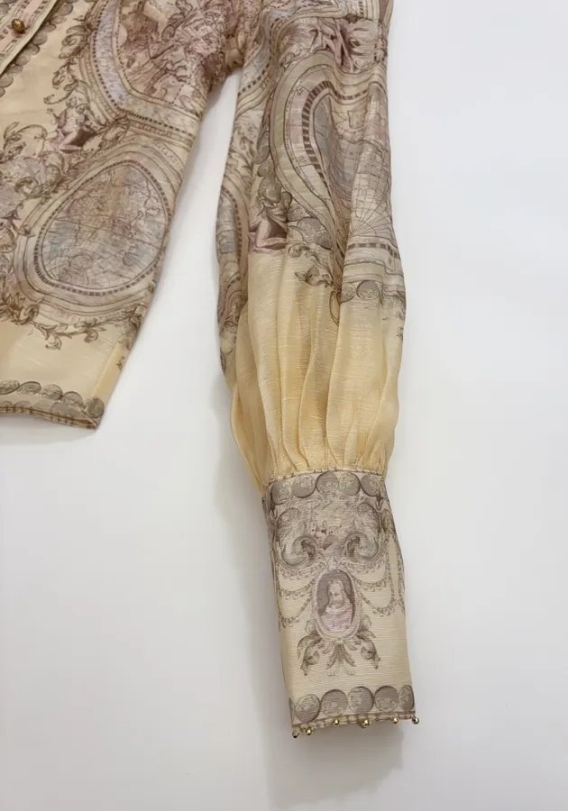 Printed Stand-Collar Lantern-Sleeve Shirt in Beige, product view 06