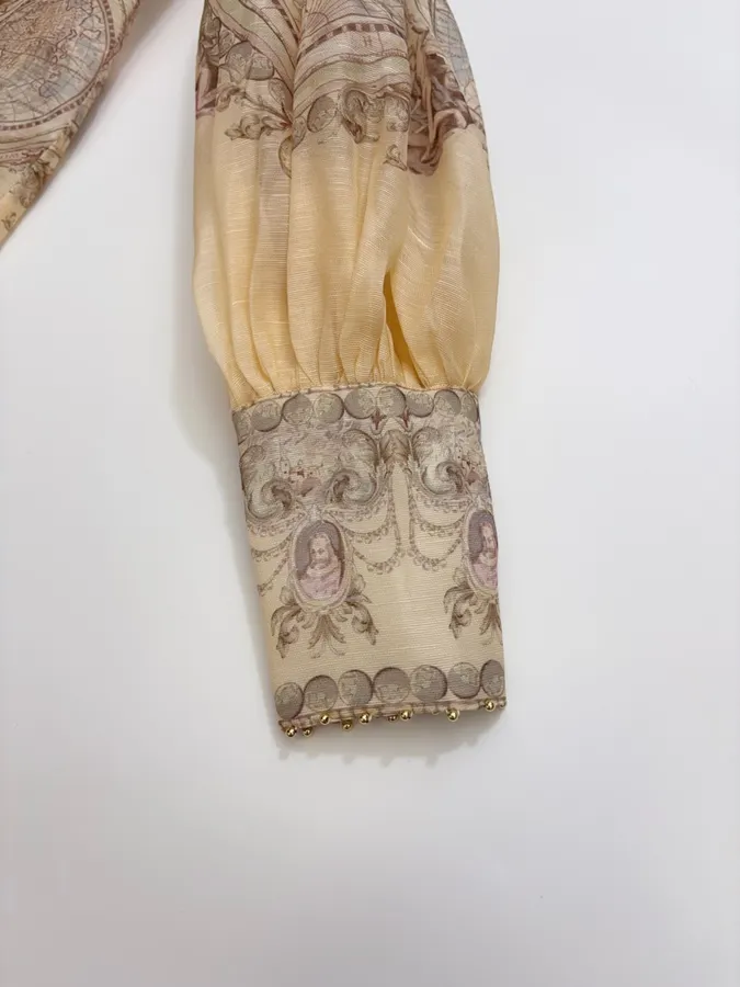 Printed Stand-Collar Lantern-Sleeve Shirt in Beige, product view 07