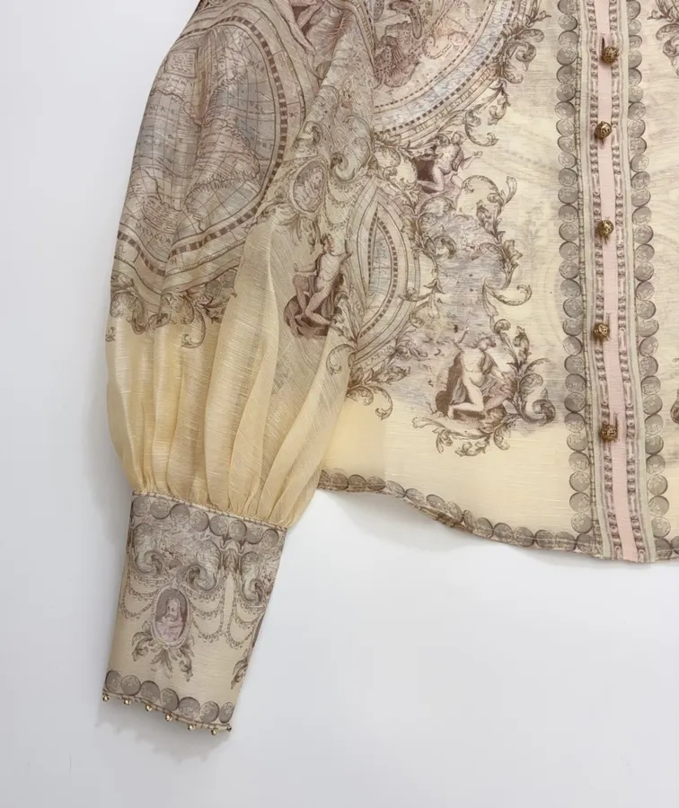 Printed Stand-Collar Lantern-Sleeve Shirt in Beige, product view 08
