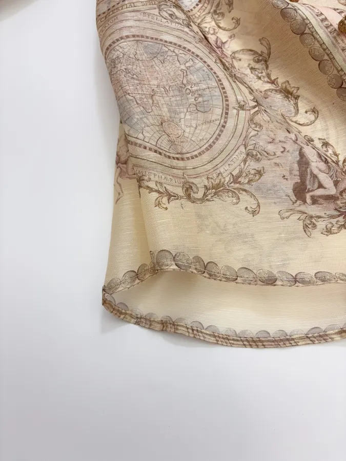 Printed Stand-Collar Lantern-Sleeve Shirt in Beige, product view 09