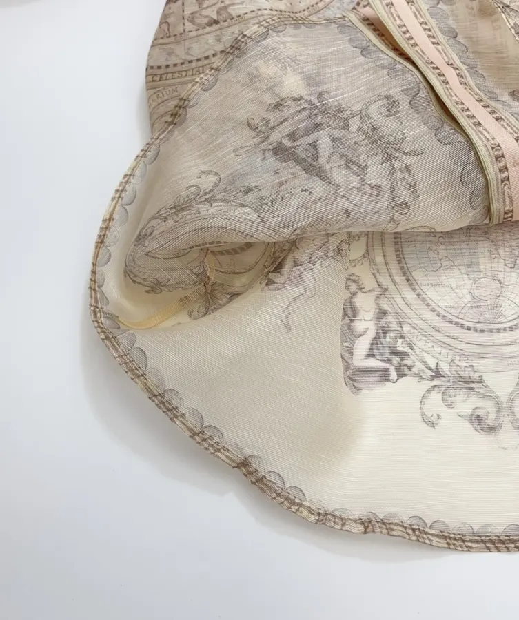 Printed Stand-Collar Lantern-Sleeve Shirt in Beige, product view 10