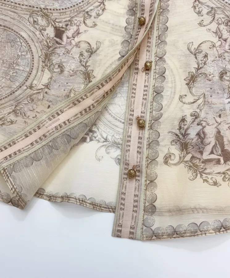 Printed Stand-Collar Lantern-Sleeve Shirt in Beige, product view 11