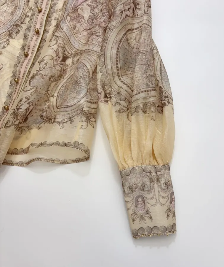 Printed Stand-Collar Lantern-Sleeve Shirt in Beige, product view 12